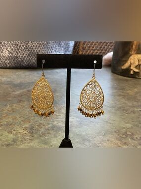 Gold over Silver Filigree Teardrop Dangle Earrings  with Tigereye Beads